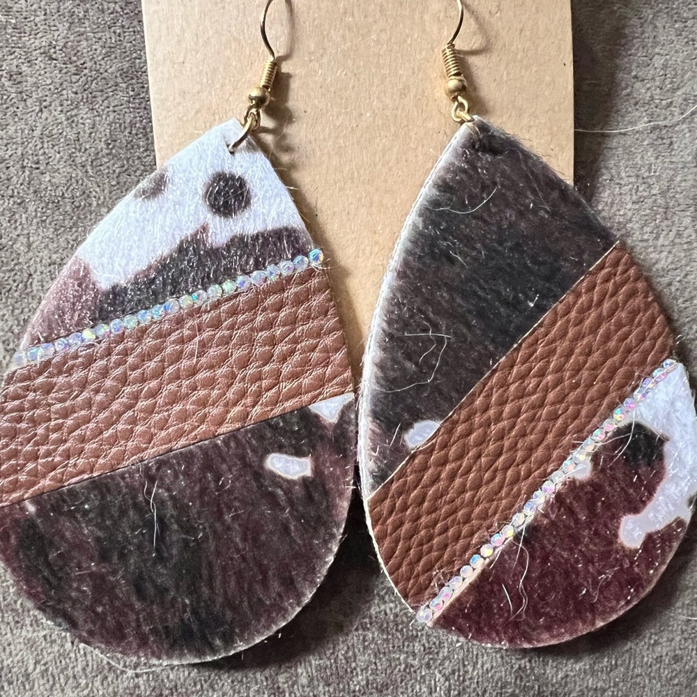 Hair On Hide Faux Leather Jeweled Teardrop Dangle Drop Earrings - Picture 10 of 10